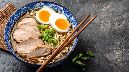 Traditional Japanese ramen bowl with noodles, pork slices, boiled egg, and scallions, authentic Asian cuisine and food culture concept