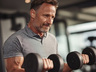 A focused middle-aged man with dark hair and gray beard performs a intense dumbbell curl in a modern gym, showcasing muscle definition and strength training dedication under soft natural light