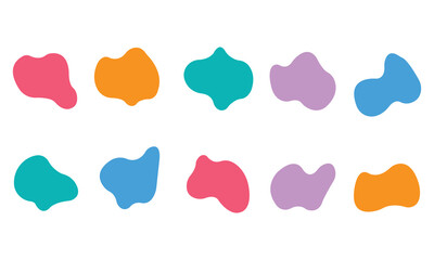 Set of colorful abstract blobs in red, orange, blue, teal, and purple on a white background, symbolizing modern design, creativity, decoration, and artistic fluid shapes in a minimalist flat style.
