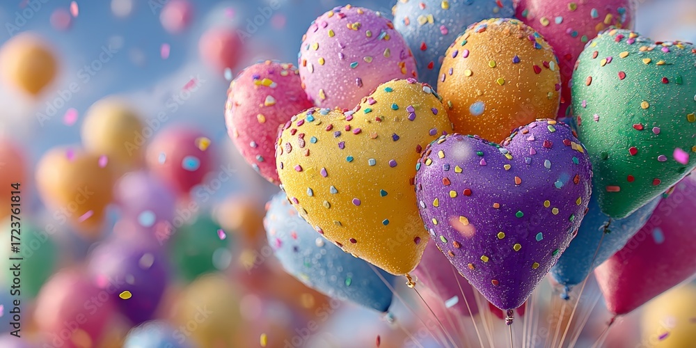 Poster a bunch of colorful balloons with hearts on them are floating in the air. the balloons are of differ