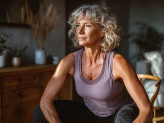 An active older woman with silver-gray curly hair maintains a dynamic squat position in a sunlit home interior, showcasing strength and graceful aging