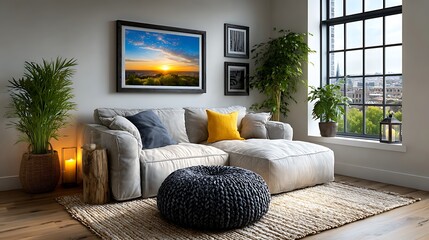 A realistic high-definition photo of a living room with gallery wall and sectional couch.