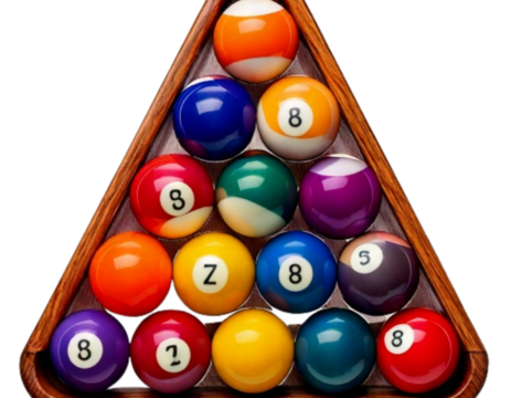  Set of Colorful Billiard Balls in Triangle Rack, isolated on a transparent background