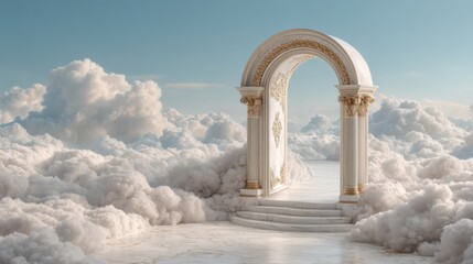 Elegant arched gateway above clouds with golden details