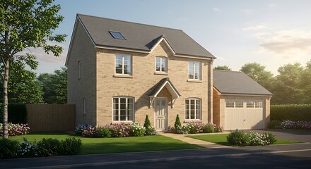 Fototapeta premium New two-storied beige brick cottage with garage at sunny day.