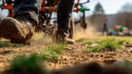 Farmer Following Agricultural Machinery Close-Up Tilling Soil on Farm Land in Rural Field