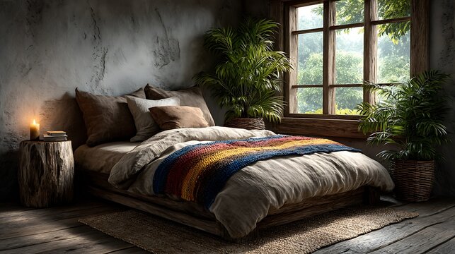 A realistic high-definition photo of a boho bedroom with macrame and colorful bedding.