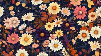 A vibrant and colorful floral pattern featuring a variety of daisylike flowers and autumnal leaves against a dark, textured background, creating a rich tapestry of natures beauty