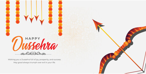 Happy Dussehra banner. Bow and arrow with flower wreath. Hindu Navratri festival, Vijayadashami holiday. Vector illustration.