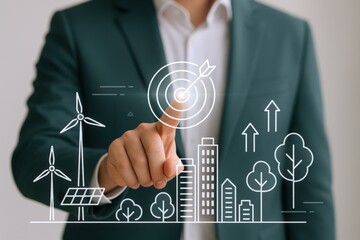 Fototapeta premium Sustainable City Concept: Businessman Visualizing Eco-Friendly Urban Planning and Renewable Energy Solutions for a Greener Future