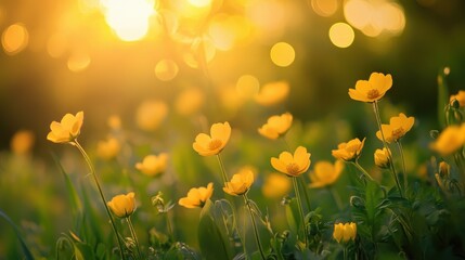 A closeup view of small yellow wildflowers in a grassy field, bathed in the warm, golden glow of the setting sun, with soft bokeh lights creating a magical atmosphere