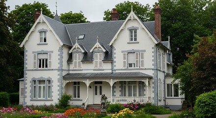 Facade of an old victorian style house white walls gray gable roofs multiple windows closed veranda and garden green leafy trees in background cloudy day in ferrieres belgium