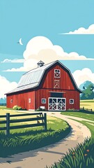 A red barn nestled in a countryside scene