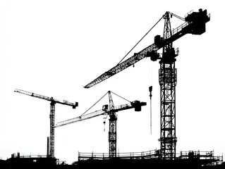 Silhouette of three construction cranes against a white background