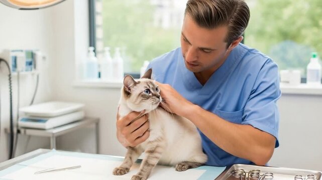 Veterinarian examining a siamese cat on a table in a bright medical examination room setting indoors - Powered by Adobe