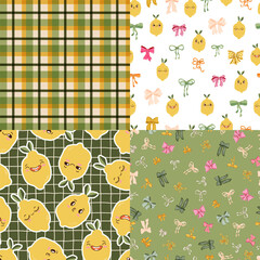Preppy Coquette Bows cute lemons character seamless pattern set for textile, print, fabric, wrap