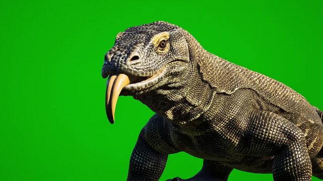 Intense close-up of a large monitor lizard with its tongue flicking, isolated on a vibrant green background.