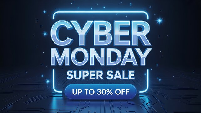 Cyber monday super sale with blue neon lights and up to 30 off offer