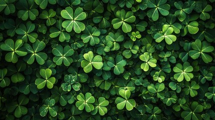 A dense carpet of lush green clover leaves, with water droplets, creating a natural, vibrant, and fresh texture, perfect for spring and nature themes