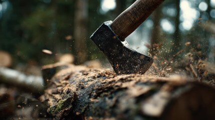 Axe striking wooden log surrounded by sawdust in forest setting with blurred trees in background and sunlight filtering through branches creating a rustic atmosphere