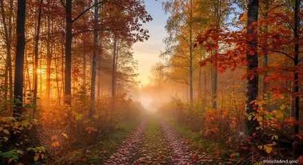 Obraz premium Golden Autumn Forest Path Bathed in Warm Sunlight.