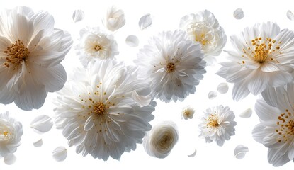 White flowers, petals, and buds in mid-air against a white background.  Soft, delicate white blossoms of various shapes and sizes, including chrysanthemums 