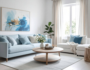Fototapeta premium Modern living room with white and light blue accents cozy decor bright atmosphere contemporary design inviting space for relaxation