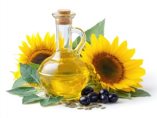 Glass oil bottle surrounded by sunflowers, olives, and seeds