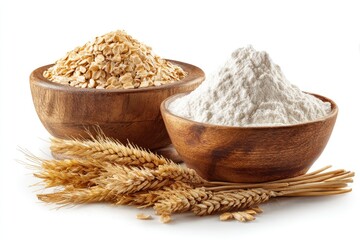 Wooden bowls filled with oats and flour, beside wheat stalks