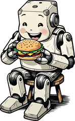 Cartoon illustration of a Robot eating pizza fast food