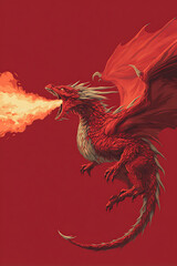 Majestic red dragon breathing fire against a vivid red background, showcasing power and fantasy