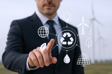 Sustainable Business Strategy: Man Interacting with Renewable Energy and Recycling Interface for Eco-Friendly Solutions