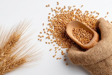 Wheat grains spilling from wooden scoop into burlap sack, with wheat stalks