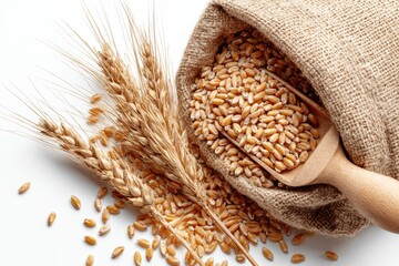 Wheat grains spilling from burlap sack, with wheat stalks