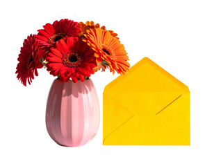 Pink Vase with Fresh Flowers and Yellow Envelope PNG