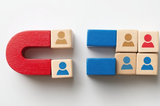A red horseshoe magnet attracts wooden blocks with person icons, while other blocks with person icons remain separate on a white background