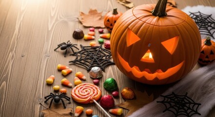 Obraz premium Halloween pumpkin with candy on wood table. Spooky autumn holiday decoration with sweets. Traditional festive celebration.