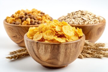 Three wooden bowls filled with breakfast cereals.  Golden corn flakes, a mix of crunchy pieces and small brown bits, and rolled oats are displayed.  