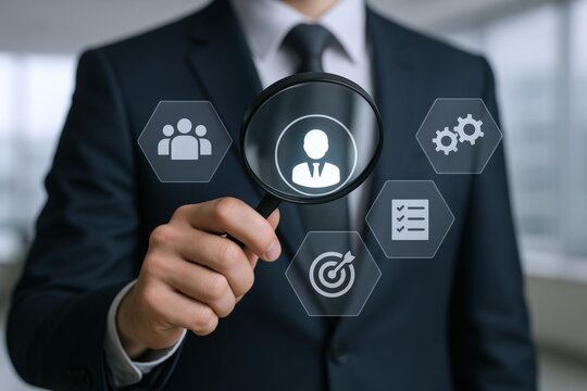 Human Resources Manager Analyzing Candidates With Magnifying Glass and Digital Interface for Business Recruitment