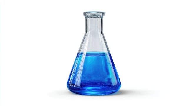 Clear glass Erlenmeyer flask filled with vibrant blue liquid, isolated on white