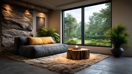 A realistic high-definition photo of a modern living room with minimalist furniture and neutral tones.