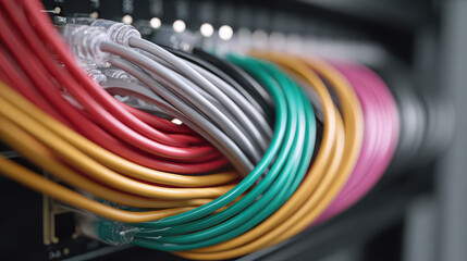 Close up of colorful network cables neatly organized and connected to server rack, showcasing efficient cable management and technology infrastructure