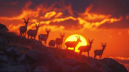 Silhouette of ibexes on a mountain ridge during a vibrant sunset with orange and red sky colors on transparent background