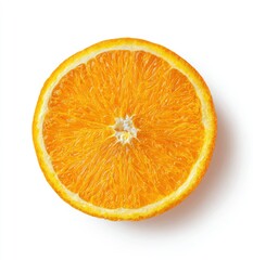 Overhead view of an orange slice.  Bright citrus slice,  perfectly round,  freshly cut,  juicy segments,  vibrant orange hue,  isolated white background