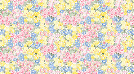 Colorful ditsy floral seamless pattern in a vintage style. Dense botanical background with pink, yellow, and blue hand-drawn flowers for romantic fabric, wallpaper, and home decor.