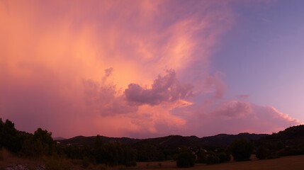 Obraz premium peace. A breathtaking sunset sky panorama with vibrant warm hues and glowing clouds. inspiring travel planning, travel magazines, designed for travel destination branding, inspires travel planning.