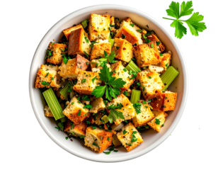 Rustic bread stuffing with celery and herbs in ceramic bowl isolated png transparent background