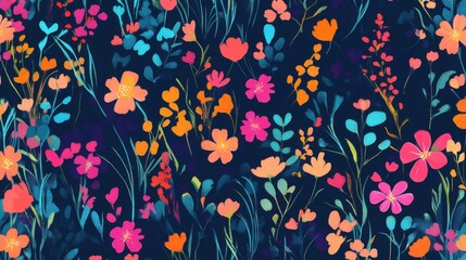 A dark and moody seamless pattern featuring small, vibrant wildflowers and foliage in a watercolor style against a deep navy background