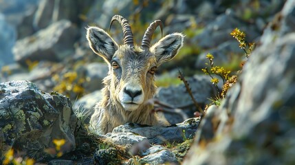 A young ibex looks out from between the rocks on a sunny day in the mountains with yellow flowers on transparent background silhouette