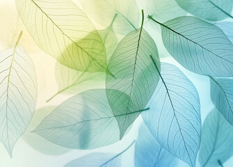 A beautiful and intricate arrangement of transparent, skeletal leaves in shades of green, blue, and yellow, with their veins visible.